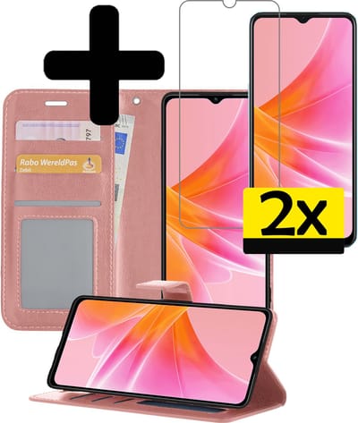 Hoesje - Met 2x Screenprotector - Geschikt voor OPPO A17 - Luxe Pasjeshouder - Bookcase Portemonee - Flip Case - Kunstleer Book Case - Flipcase Hoes - Book Cover - Walletcase - Portemonneehoes - Telefoonhoesjes - Rosé goud