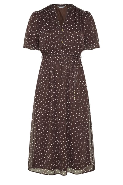 Yours London Curve Chocoladebruine Jurk Met Stippen En Pofmouwen Size 38
