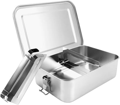 Dailygoods- Broodtrommel roestvrij staal 2400 ml - Lunchbox volwassenen - Met beweegbare scheidingswand - Lekvrij - 3 vakken - Afmetingen 24 x 17 x 7,7 cm