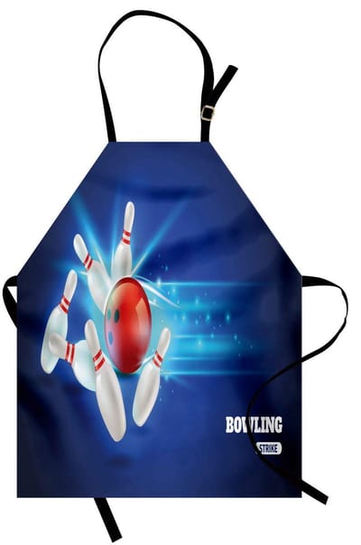 ABAKUHAUS Bowlingfeest-kookschort: Bowling-inslagsbeeld, rode bal en klassieke stiften in duidelijke samenstelling; kleurvast, in hoogte verstelbaar, wasbaar, duidelijke digitale afdruk; Blauw/Aqua/Rood