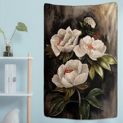 Elegante Witte Bloemen Wandkleed Muurdecoratie Inktbloemenpatroon Boheems Psychedelisch Hippie Huisdecoratie 95x70cm