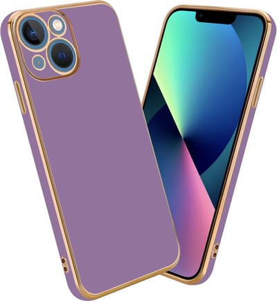 Cadorabo Hoesje geschikt voor Apple iPhone 14 PLUS in Glossy Paars - Goud - Beschermhoes Case Cover van flexibel TPU-silicone en met camerabescherming