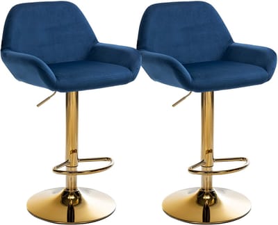 CLP Braga Set van 2 barkrukken - Met rugleuning - Met gouden frame - Verstelbaar - Fluweel - Velvet - blauw