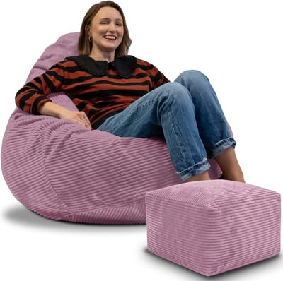DreamRoots Zitzak voor Volwassenen of Kinderen – Corduroy Beanbag met Voetsteun en Afneembare Hoes – Inclusief Vulling – 90x90x100 cm – Plum Smoothie