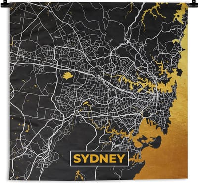 Wandkleed - Wanddoek - Sydney - Goud - Plattegrond - Stadskaart - Kaart - 180x180 cm - Wandtapijt