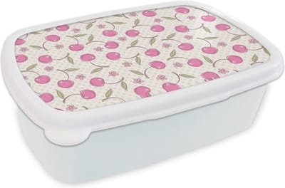 Broodtrommel Wit - Lunchbox - Brooddoos - Kersen - Bloemen - Stippen - Patronen - 18x12x6 cm - Volwassenen