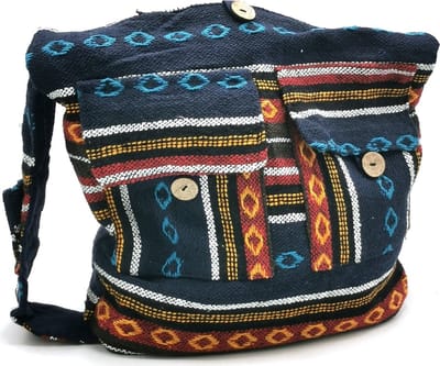 Hobotas Geweven Stof met Etnisch Patroon Blauworanje - met ritssluiting - (bxhxd) ca. 37cm x 33cm x 10cm