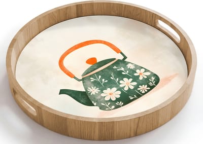 Dienblad rond 40x40 cm - Schootdienblad hout - Theepot - Groen - Bloemen - Oranje - Borrelplank rechthoek - Plateau houten dienbladen