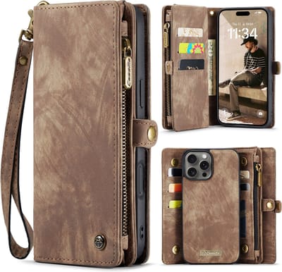 CaseMe - Telefoonhoesje geschikt voor Apple iPhone 16 Pro Max - 2 in 1 Book Case en Back Cover - Bruin