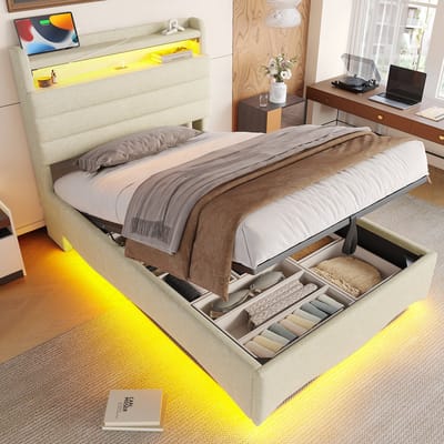DESMIU Gestoffeerd Bed 90x200cm – Led Verlichting Met Appbediening En Hydraulische Opbergruimte – Met Usb En Type-C Aansluitingen – Beige – Zonder Matras
