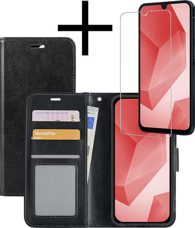 Hoesje - Met Screenprotector - Geschikt voor Samsung Galaxy A16 - Luxe Pasjeshouder - Bookcase Portemonee - Flip Case - Kunstleer Book Case - Flipcase - Book Cover - Walletcase - Portemonneehoes - Zwart