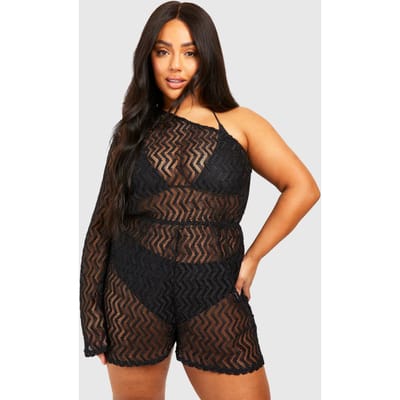 boohoo Dames Plus Jersey Gebreide Een-Schouder Strandplaysuit | Zwart | Maat: 54