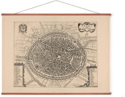 Poster In Posterhanger - Historische Oude Kaart Brugge - 50x70 cm - Kader Hout - Ophangsysteem - Vintage Plattegrond