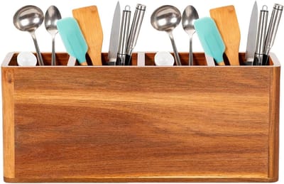 Houten Gereedschapshouder - Bestek Organizer - Aanrecht Opbergen - Gemakkelijk te Reinigen - 4 Roosters - Houtkleur
