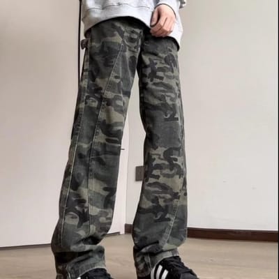 Camouflage Werkbroek Jeans voor Jongens In de Zomer Nieuwe High Street Retro Broeken Losse Rechte Wijde Pijpen Broeken S gray