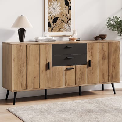 Sweiko Dressoir - Halmeubel - 2 lades - 3 deuren - 140 x 35 x 67 cm - Zwart + Naturel