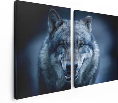 Artaza Canvas Schilderij Tweeluik Wolvenkop Met Blauwe Ogen - Wolf - 120x80 cm - Wanddecoratie Woonkamer - Schilderijen - Muurdecoratie