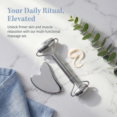 Gua Sha-bord en gezichtsroller massagekit van roestvrij staal - ideaal voor huidontgifting, ontspanning en zelfzorg met gezichtsmassage