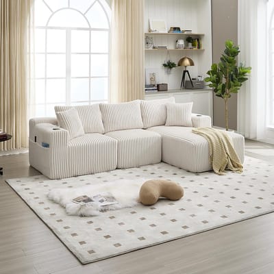 BLACKCOLORS Modulaire bankenset met chaise longue en 2-zitsbank, bekleding van zacht corduroy, met 5 kussens, zijvakken en bekerhouders, schuim met hoge dichtheid, DIY-combinatie, ideaal voor de woonkamer, het appartement en de studio.