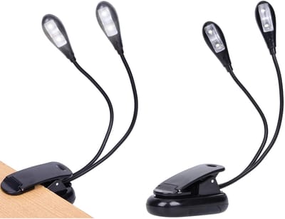 carmdering - Muziekstandaard lamp - Boekleeslamp - Klemlamp - Dubbele LED, flexibele zwanenhals, 360° verstelbaar - 4 helderheidsniveaus, flikkervrij en oogvriendelijk - Stevige klem met siliconen pads - USB en batterijvoeding (3x AAA)