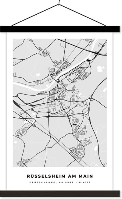 Posterhanger incl. Poster 40x60 cm - Schoolplaat - Duitsland - Rüsselsheim Am Main - Kaart - Stadskaart - Plattegrond - Textielposter - Zwarte latten - Stadskaart