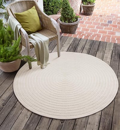 the carpet Santo Plus – Rond outdoor vloerkleed met 3D cirkelpatroon, weerbestendig en onderhoudsvriendelijk, crème rond met fijn cirkelreliëf, 120 cm rond