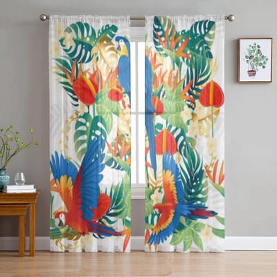 Schattige Papegaai Groene Bladeren Transparante Raamgordijnen voor Woonkamer Meisjesslaapkamer Tule Gordijnen Keuken Voile Chiffon Draperieën 135W x 114H(cm) blue