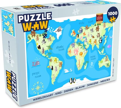 Puzzel Wereldkaart - Kind - Dieren - Blauw - Jongens - Meisjes - Legpuzzel - Puzzel 1000 stukjes volwassenen