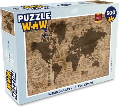 Puzzel Wereldkaart - Retro - Krant - Legpuzzel - Puzzel 500 stukjes