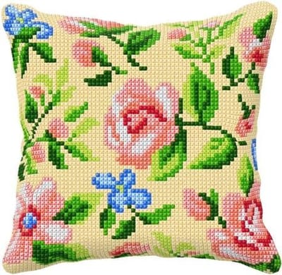 Orchidea Kruissteek kussen: Groot, Rozen op Beige Achtergrond, 40 x 40 cm