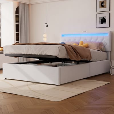 Gestoffeerd Bed 140x200 - Platformbed met Sfeerverlichting en Opbergruimte - Stof - Wit