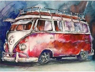 Diamond painting - Tekening van rode VW bus - Geproduceerd in Nederland - 20 x 30 cm - dibond materiaal - vierkante steentjes - Binnen 2-3 werkdagen in huis