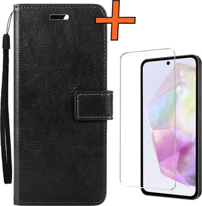 Hoes - Met Screenprotector - Geschikt voor Samsung Galaxy A35 - Luxe Pasjeshouder - Bookcase Portemonee - Flip Case - Kunstleer Book Case - Flipcase - Book Cover - Walletcase - PortemonneeHoes - Zwart