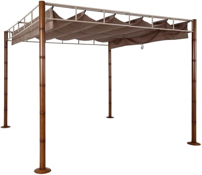 Pergola MCW-L42, tuinpaviljoen terrasoverkapping, stevig 7cm metalen frame 3x3m bamboe look ~ taupe-bruin