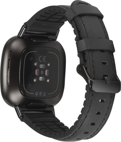 By Qubix - Compatible Fitbit bandje - geschikt voor Fitbit Versa 3 & Sense 1 - leer + siliconen bandje - Zwart Smartwatchbandje bandje Armband Polsband Strap Band Watchband