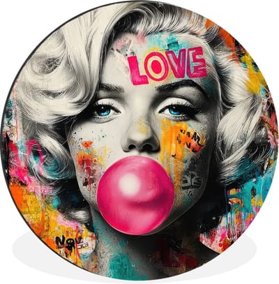 WallCircle - Wandcirkel - Muurcirkel - Vrouw - Kauwgom - Graffiti - Neonkleuren - Aluminium - Dibond - 30x30 cm - Binnen en Buiten