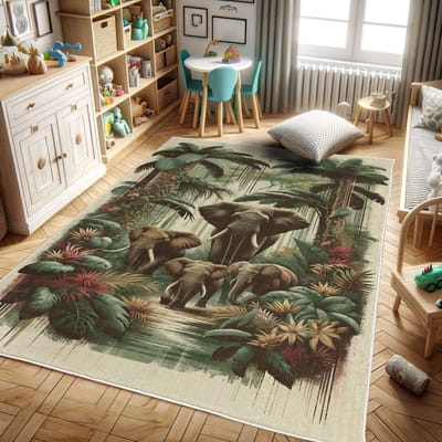 ABAKUHAUS Decoratief vloerkleed met olifanten, wilde natuur, hoogwaardig vloerkleed voor slaapkamer en woonkamer, 76x152 cm, jadegroen karamel