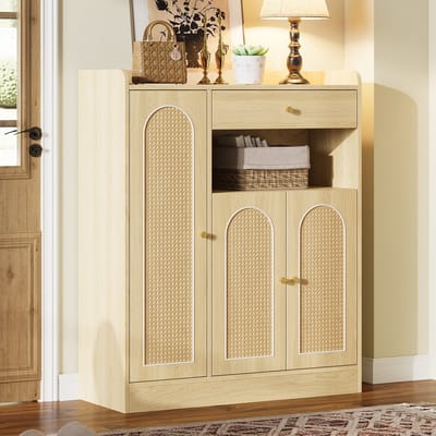 MODFU - Schoenenkast - 3 Deuren En 1 Lade - Verstelbare Planken - Modern - Hal Of Eetkamer - MDF - Natuurkleur - 90 X 35 X 110 Cm