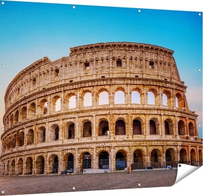 Gards Tuinposter Colosseum in Rome met de Blauwe Lucht - 150x120 cm - Tuindoek - Tuindecoratie - Wanddecoratie buiten - Tuinschilderij