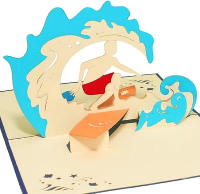 3D Wenskaart Surfer op de Golf - Creatief en Uniek
