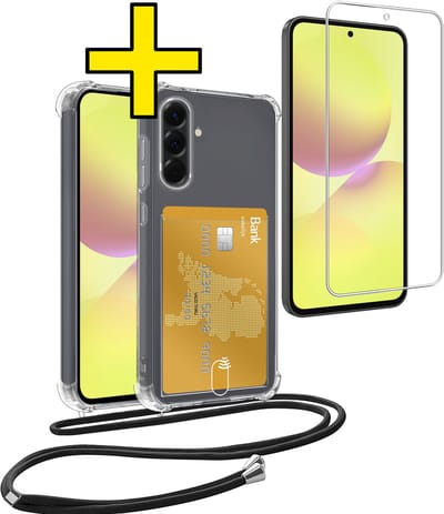 Hoesje Geschikt voor Samsung A36 Telefoonhoesje Met Koord Case Pashouder Met Screenprotector Siliconen - Hoes Geschikt voor Samsung Galaxy A36 Hoesje Met Kaarthouder - Transparant