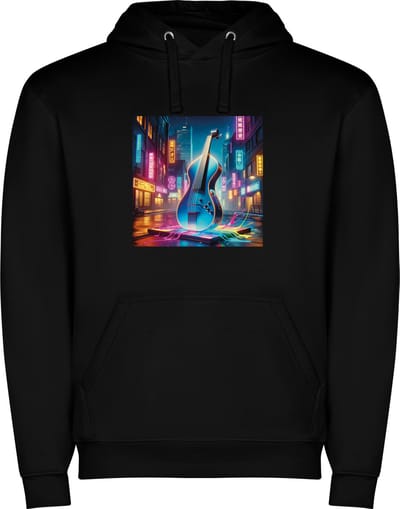 Zwarte unisex hoodie met “ Kleurrijke Contra Bas – Muziekinstrument – Muziek – Modern “ Print Full Color Color merk Roly maat S