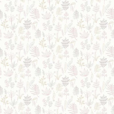 Behang - Kinderkamer- Babykamer -Bladeren - Takjes - beige - roze - wit- Kinderbehang - meisjes slaapkamer - 0,53 x 10,05 M