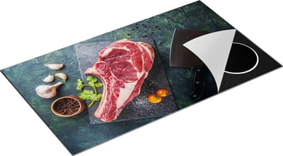 Chefcare Inductie Beschermer Vlees met een Mes op een Marmeren Plaat - 90x50 cm - Afdekplaat Inductie - Kookplaat Beschermer - Inductie Mat