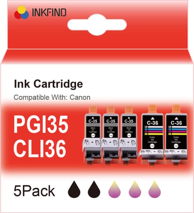 INKFIND PGI-35 CLI-36 inktcartridge voor PGI-35 CLI-36 Canon PGI35 CLI36 inktcartridge multipack 5 stuks (PGI-35 Zwart x 3; CLI-36 K/C/M/Y x 2) Geschikt voor Canon PIXMA iP100 / Canon PIXMA iP110 / Canon PIXMA TR150 - 5 PACK