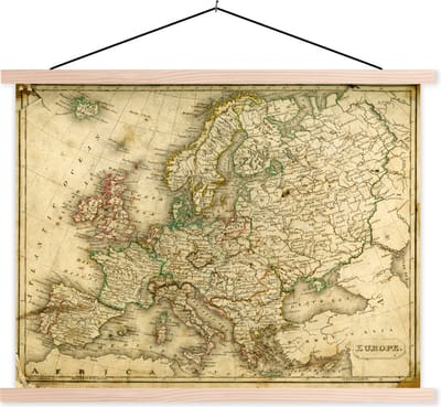 Posterhanger incl. Poster 60x45 cm - Schoolplaat - Groezelige wereldkaart van Europa - Textielposter - Blanke latten