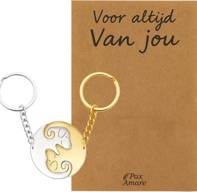 Koppel Sleutelhanger voor 2 'Voor altijd van jou' - Schattige Hondjes - Sleutelhanger set op Cadeau Kaartje - Goudkleurig & Zilverkleurig - Persoonlijke Hanger - Pax Amare