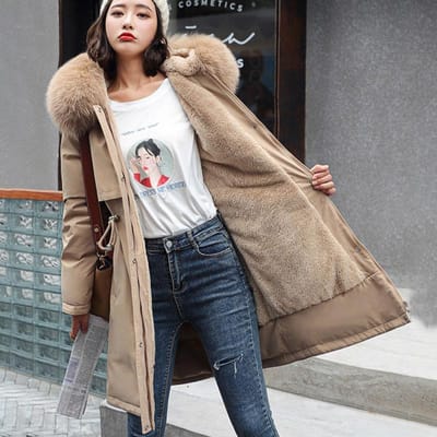 Veste d'hiver rembourrée en coton pour femme, mi-longue, grand col en fourrure, doudoune polaire, manteau rembourré M kaki