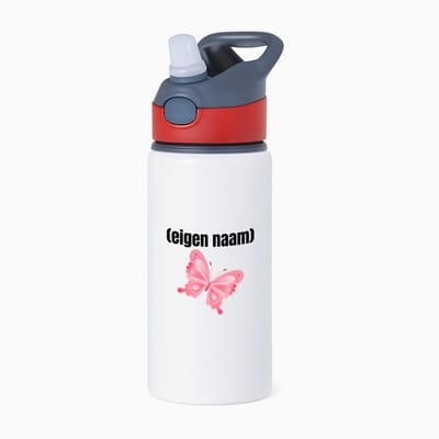 Hacebo® - roze vlinder met eigen naam waterfles met rietje rood - Vlinder - dieren liefhebber - iemand die houdt van vlinders - verjaardag - cadeau - kado - geschenk - water fles - 650ML