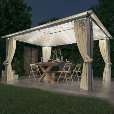 vidaXL - Prieel - met - gordijn - en - LED-lichtslinger - 4x3 - m - aluminium - crème